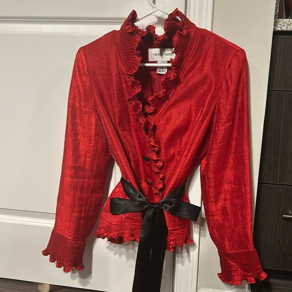 Beautiful deep red Victor Costa silk blouse with black sash. Size 4, never worn.